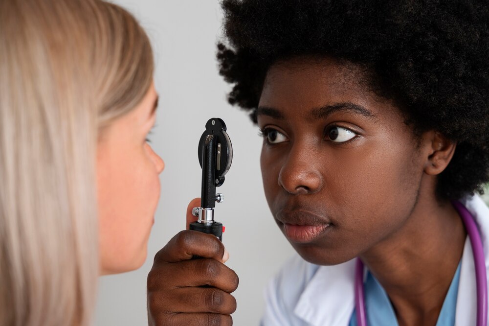 Side view doctor checking patient's eyes