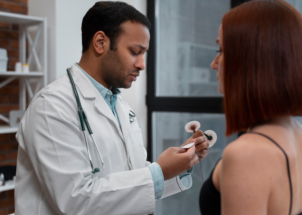 Side view patient undergoing physical evaluation