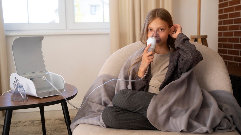 View of teenage girl using nebulizer at home for respiratory health problems